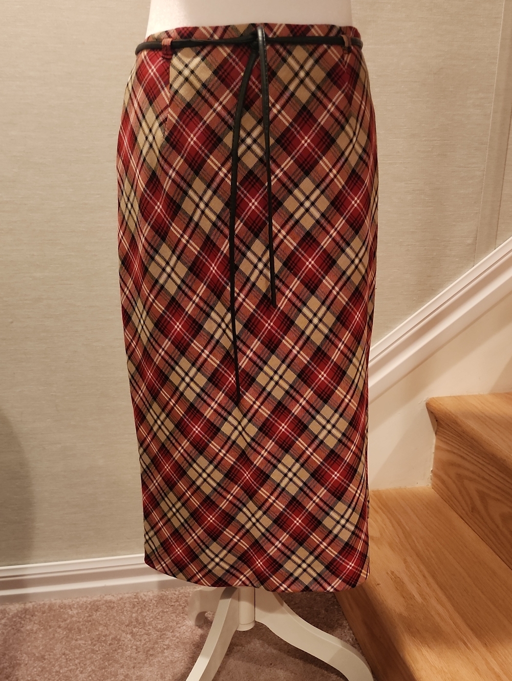 Plaid Midi Skirt in Red and Cream